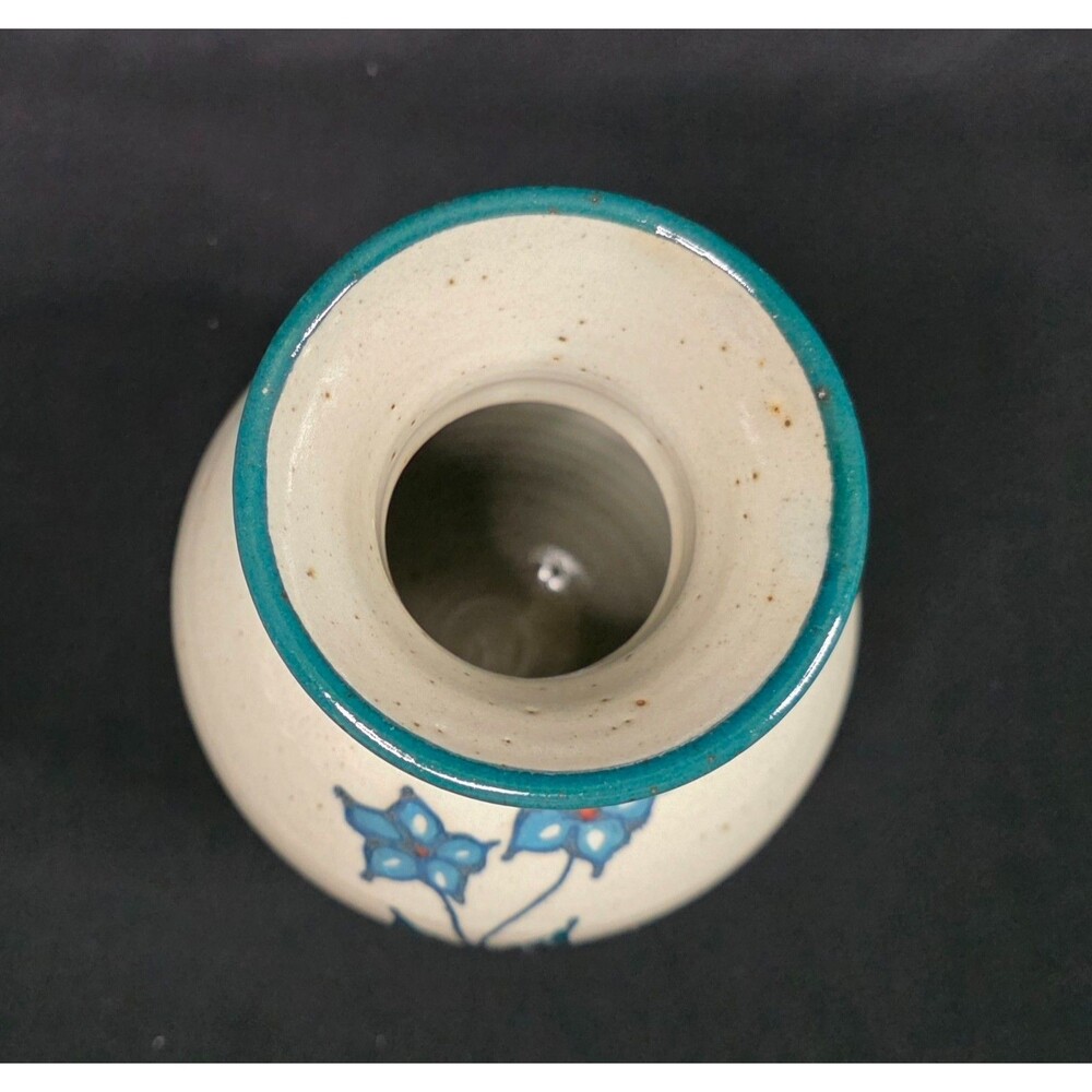 Hand Thrown Studio Pottery Vase Gray & Teal Blue Floral Stoneware Signed 6.75" - Picture 4 of 14